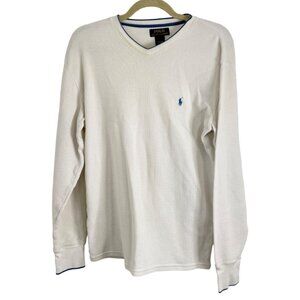 Polo Ralph Lauren Mens Thermal Shirt Long Sleeve V-Neck White Blue Logo Size M